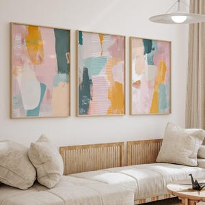 Brush strokes abstract prints set of 3, pastel pink abstract 3 piece wall art, digital download