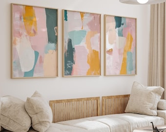 Brush strokes abstract prints set of 3, pastel pink abstract 3 piece wall art, digital download