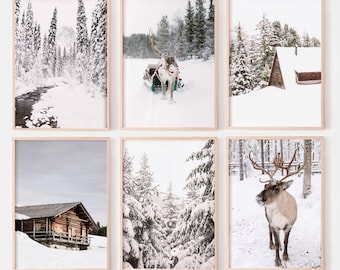 Winterafdrukken set van 6, winterfoto's muurafdrukken, Scandinavisch kerstdecor, afdrukbare muurkunst voor vakanties