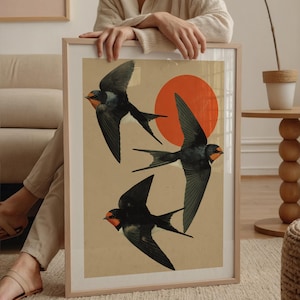 Swallows wall art, vintage flying birds illustration, abstract swallow digital poster, printable wall art