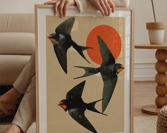 Swallows wall art, vintage flying birds illustration, abstract swallow digital poster, printable wall art