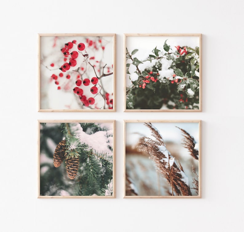 Winter Holiday Wall Decor Set of 4 Prints Snowy Pine Trees Etsy