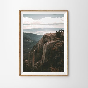 May include: A framed photograph of a rocky cliff face with a view of a forest and distant mountains. The sky is cloudy and the colors are muted.