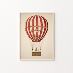 May include: A vintage-style red and white striped hot air balloon with a wicker basket and a wooden frame. The balloon is floating in the air against a white background.