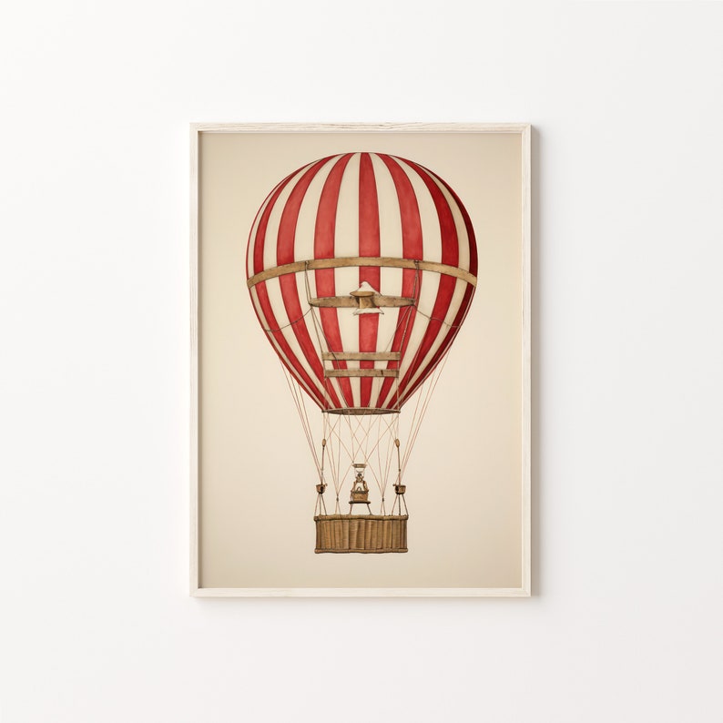 May include: A vintage-style red and white striped hot air balloon with a wicker basket and a wooden frame. The balloon is floating in the air against a white background.