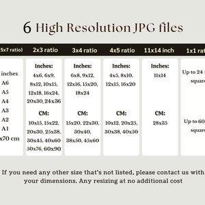 May include: A chart showing different sizes and aspect ratios for high-resolution JPG files. The chart includes measurements in inches and centimeters. The chart also includes the text "6 High Resolution JPG files".