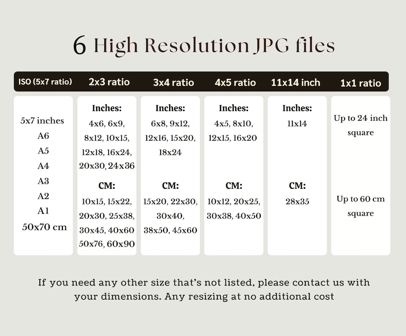 May include: A chart showing different sizes and aspect ratios for high-resolution JPG files. The chart includes measurements in inches and centimeters. The chart also includes the text "6 High Resolution JPG files".