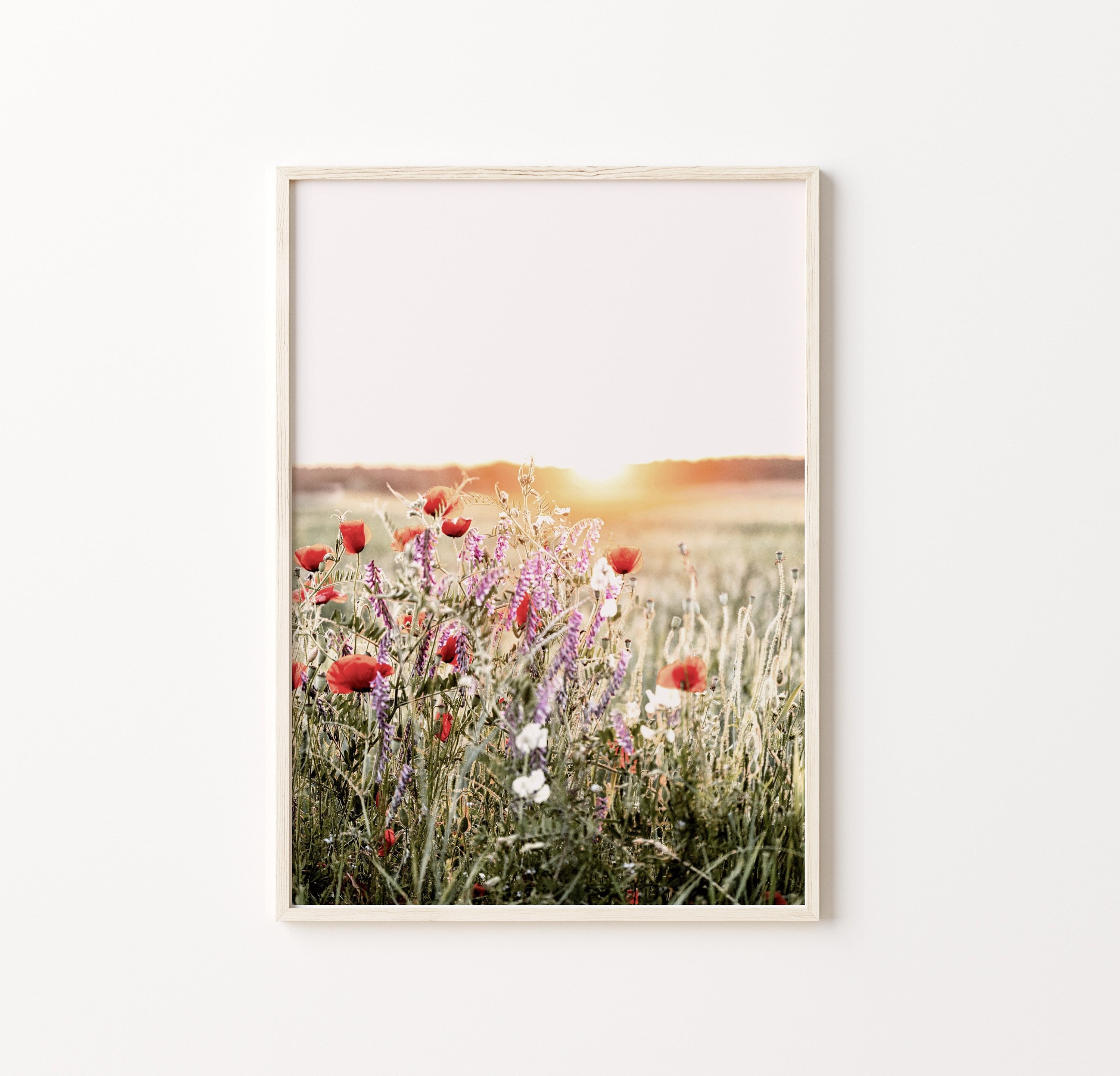 Wildflowers field wall art, sunset nature photography, rustic flowers print, poppies digital poster, printable wall art