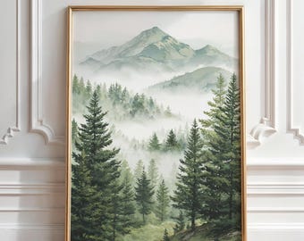 Sage Green Forest Mountains Print: Abstract watercolor style Landscape Art Poster (Digital Download)