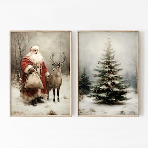 Vintage Christmas prints set of 2, neutral winter holiday paintings, Santa Claus and reindeer printable wall art
