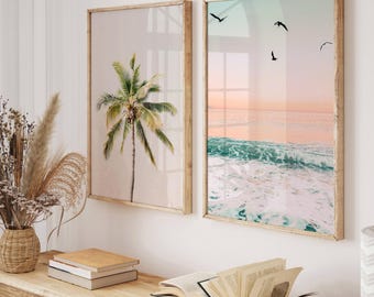 Pastel Beach Prints Set of 2, Coastal 2 piece wall art, Palm Tree Poster, Ocean Wave Photo, Tropical Printable Wall Art