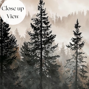 May include: A wall art print featuring a dense forest of dark, silhouetted pine trees set against a soft, beige, and misty background. The image includes a circular white overlay in the top left corner with the black text Close up View.