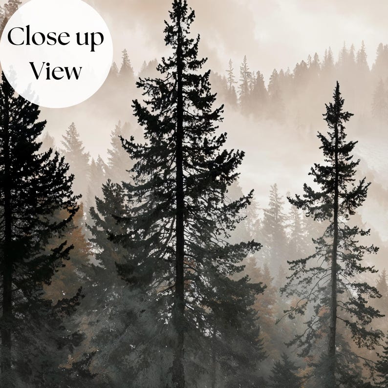 May include: A wall art print featuring a dense forest of dark, silhouetted pine trees set against a soft, beige, and misty background. The image includes a circular white overlay in the top left corner with the black text Close up View.