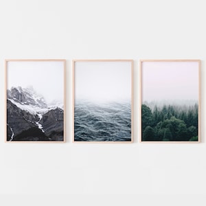 3 piece wall art, nature prints, landscape prints set of 3, mountains ocean forest gallery set, nordic printable wall art