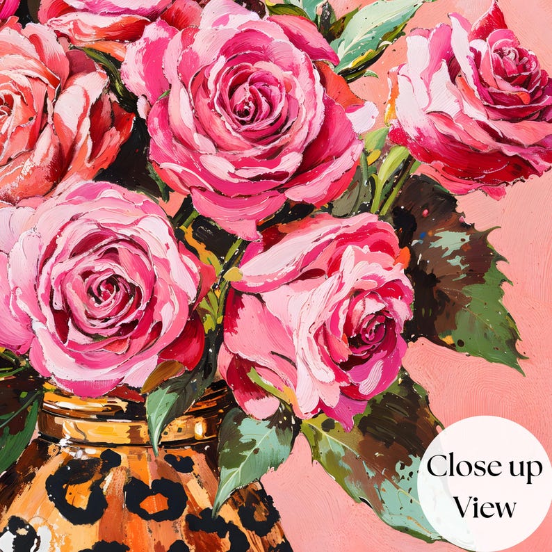 Vibrant Pink Roses Print, Leopard Vase Painting, Pinky Fashion Floral ...