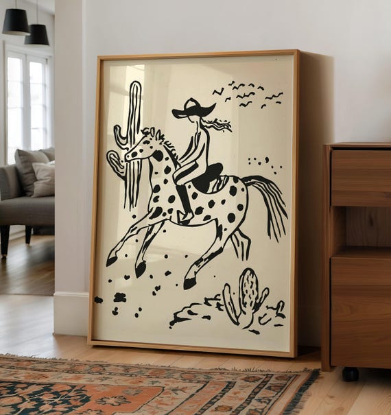 Abstract cowgirl print, cowgirl riding horse digital art, boho neutral Western poster, modern Southwest room printable wall art