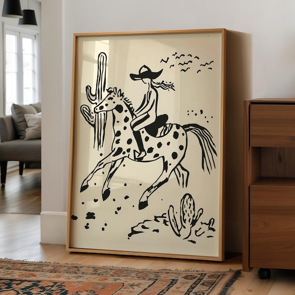 Abstract cowgirl print, cowgirl riding horse digital art, boho neutral Western poster, modern Southwest room printable wall art
