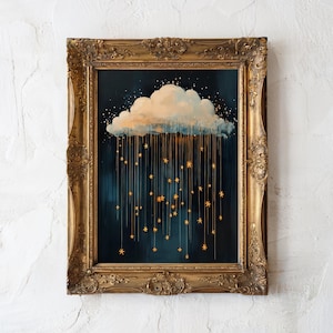 Cloud with Stars Painting, dark academia moody rain cloud print, dark blue gold sky artwork, printable wall art