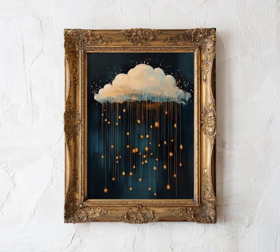 Peinture abstraite avec nuage doré et bleu - Impression sur toile - Art moderne - Décoration murale pour salon - 50 x 105 cm - Cadre intérieur