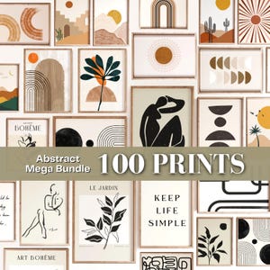 May include: A collection of 100 framed art prints with abstract designs in neutral tones. The prints feature geometric shapes, botanical illustrations, and minimalist figures. The text "Abstract Mega Bundle" and "100 PRINTS" is visible.