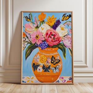 Impresión maximalista de flores coloridas en jarrón, pintura vibrante de flores silvestres, arte de pared imprimible grande de estilo cottagecore