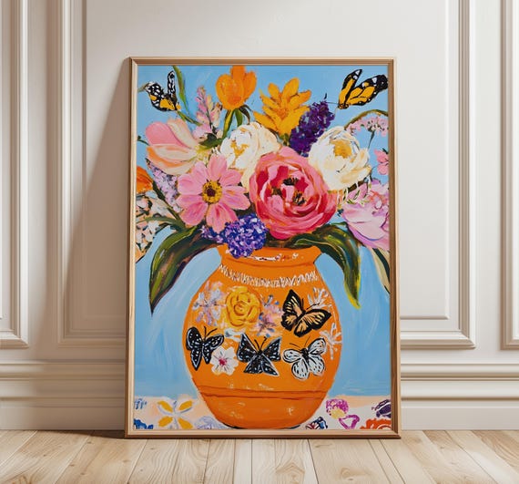 マキシマリストのカラフルな花瓶プリント、鮮やかな野生の花の絵画