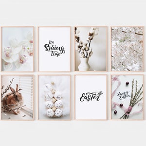 8 prints, Spring wall art, Easter prints, Gallery wall set, Pastel Easter wall decor, Printable wall art