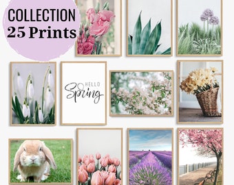 25 prints Spring Wall Art, Spring Flowers Gallery Wall Set, Floral Botanical Prints, Tulip posters, Printable Wall Art