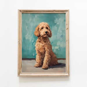 May include: A framed oil painting of a brown and white dog sitting on a blue background.
