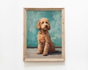 May include: A framed oil painting of a brown and white dog sitting on a blue background.