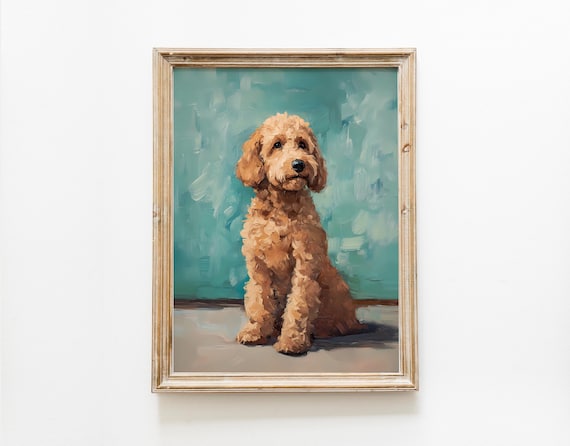Goldendoodle art print, vintage dog portrait painting, country golden doodle pet artwork, dog lover large printable wall art