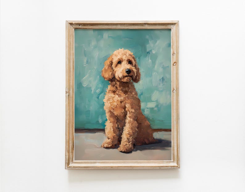 May include: A framed oil painting of a brown and white dog sitting on a blue background.