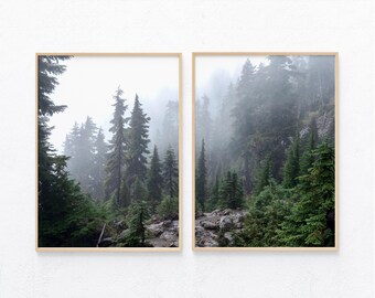 Forest landscape prints set of 2, nature photography, dark pine forest printable wall art