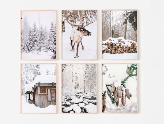 Winter Set of 6 prints, Winter Prints, Christmas Gallery Wall Art, Reindeer Photo Set, Nordic Printable Wall Art