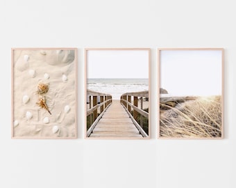 Boho Coastal Prints Set of 3: Neutral Beach Grass, Seashells (Digital Download)