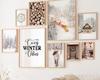 Christmas gallery wall set of 9 prints, holiday prints decorations, nordic winter digital posters, printable wall art