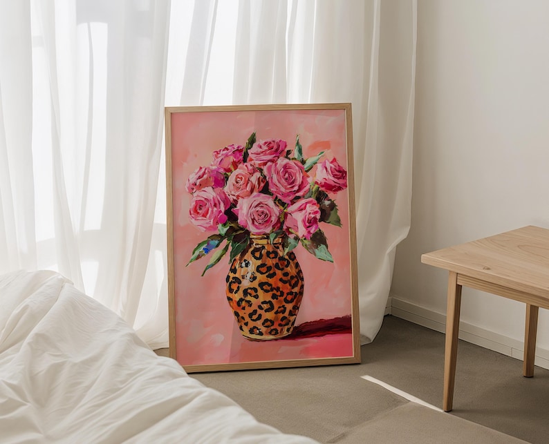 Vibrant Pink Roses Print, Leopard Vase Painting, Pinky Fashion Floral ...