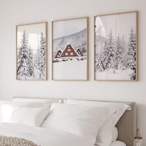 Winter Wonderland Prints Set of 3, Winter Photography, Snow Log Cabin ...