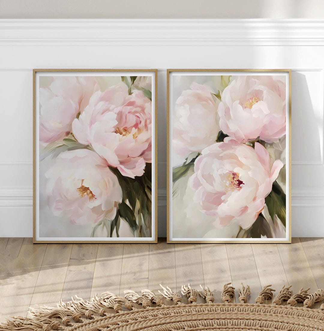 Pastel Pink Peony Prints Set of 2, Soft Pink Flowers Painting, Modern ...