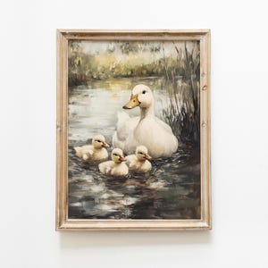 Vintage cottage ducks painting, neutral farm ducks print, pastel nursery ducklings art, cottage nursery room printable wall art