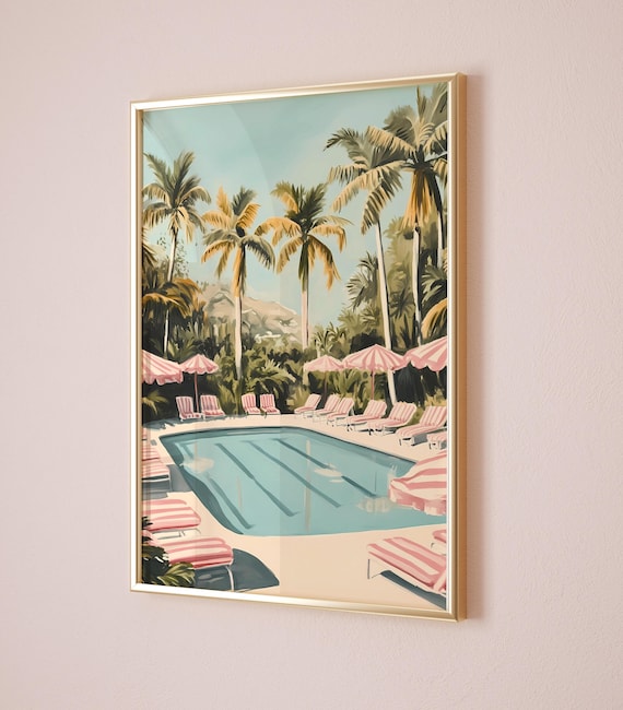 Retro Swimming Pool Art Print, Pastel Pink Summer Pool Digital