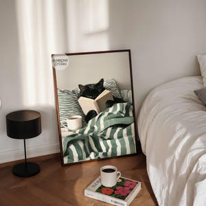 Black Cat Reading Book Print, Cozy Striped Green Bedroom Poster, Cute Cat in Bed Illustration, Digital Download image 7