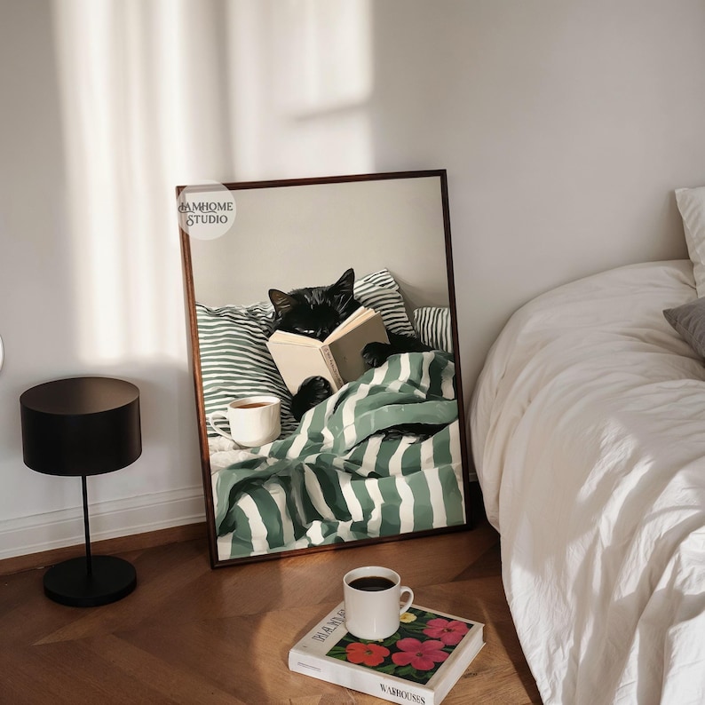 Black Cat Reading Book Print, Cozy Striped Green Bedroom Poster, Cute Cat in Bed Illustration, Digital Download image 7