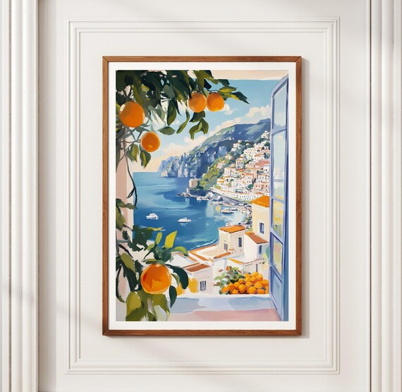 Open Window Amalfi Coast Print, Orange Tree Painting