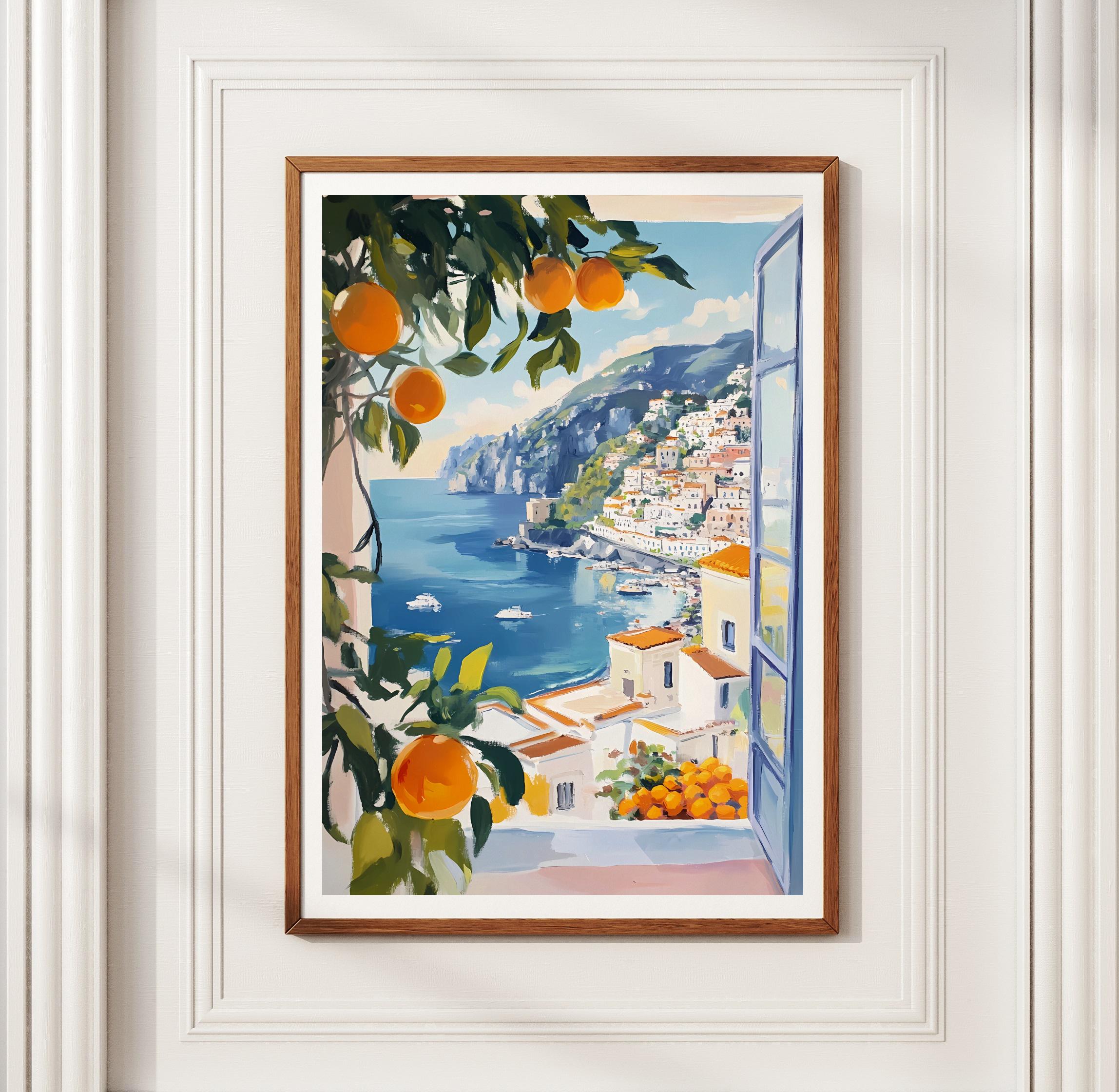 ORIGNIAL Enrico Varriale 夏のアマルフィー港　油彩 Open Window Amalfi Coast Print, Orange Tree Painting