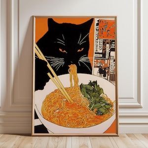 Japanese Ramen print, cat eating ramen art, retro kitchen artwork poster, Japan food art, large dining room printable wall art