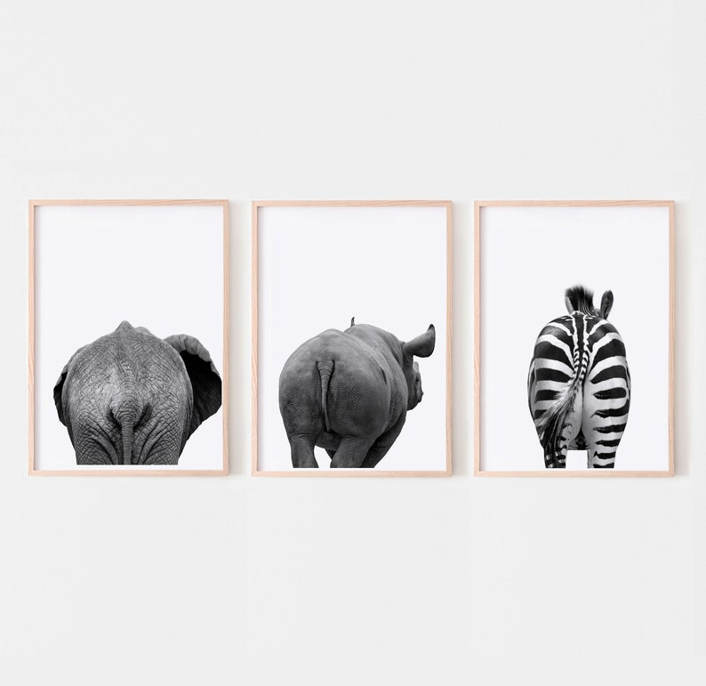 May include: Set of three framed black and white animal prints. The prints feature the rear views of an elephant, a rhinoceros, and a zebra. The frames are a light wood color, and the background is white.