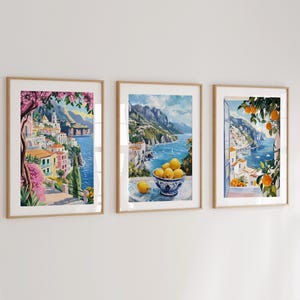 Amalfi coast paintings, colorful summer mediterranean prints set of 3, Italy coastal digital posters, large printable wall art