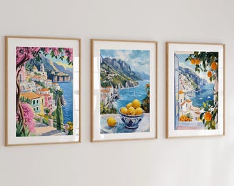 Amalfi coast paintings, colorful summer mediterranean prints set of 3, Italy coastal digital posters, large printable wall art