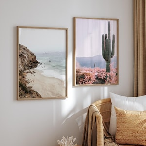 Wüstenkaktus 2er-Set Drucke, Boho Küstenwandkunst, Malibu Beach Poster, Pastelllandschaften Set, druckbare Wandkunst